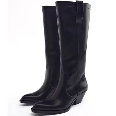 Pointed Toe Heeled Women Black Western Knee High Long Cowgirl Cowboy Boots 2024