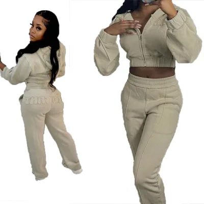 KY Oversized Zip up Embroidery Patch Cropped Bottom Hoodies Vintage Distressed Washed Hoodie and Straight Pants