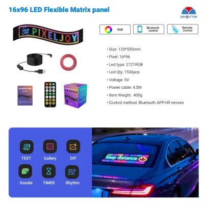 16*96 5V2A USB LED Smart RGB Light Matrix Panel Indoor App Control Remote for Truck Eyes Illuminated Car Sign Board