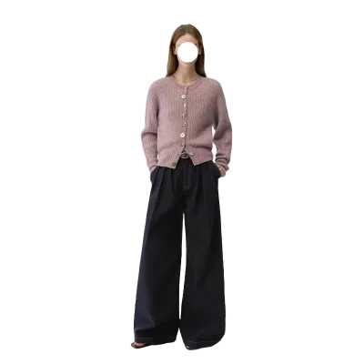 Street Retro Handmade Three-Pleats Stretch Denim Wide Leg Loose Long Pants Woman Jeans for Women Waist Casual Straight