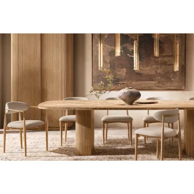 Modern Marble Dining Table Fluted Solid Oak Base Dining Set Fabric Arm & Side Chairs for Villa Hotel Resort