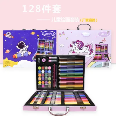 128pcs School Use Stationery Drawing Art Set for Kids Painting Customized Box Packing Eco-friendly Color Material Cartoon Crayon