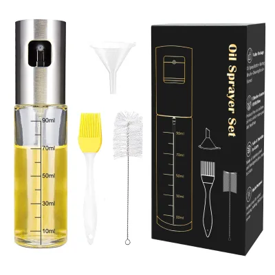 Kitchen Tool Stainless Steel Olive Glass Bottle Dispenser Set With Brush and Funnel Cooking Hand Held Mist Sprayer Oil Sprayer