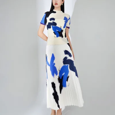 Fast Shipping Women's Sets Geometric Printed Women Tops and Long Pleated Skirts Two Piece Set Manufacturers for Customs Clothes