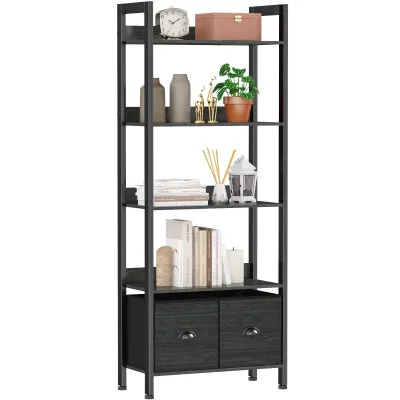 2 Drawers 5-Tier Tall Bookshelf Industrial Display Black Oak Wood Metal Storage Shelf Living Room Bedroom Kitchen Islands Carts