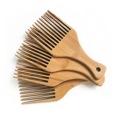 Wholesale Natural Wooden Bamboo Afro Pick Hair Comb for Thick, Coarse, Curly Hair Non-Static Comb Wooden Beard Grooming Comb