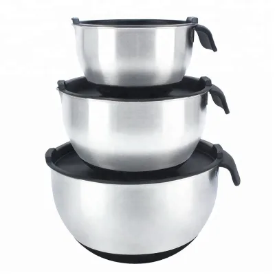 Silicone Handle Stainless Steel Non-slip Mixing Bowl with Lid