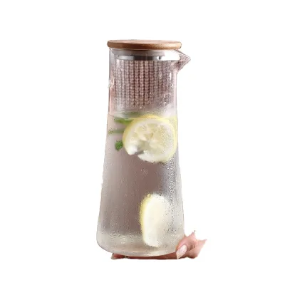JY Wholesale Modern High Borosilicate Glass Cold Water Pitcher Large Capacity Transparent Household Bamboo Wrapped Tea Fruit Lid