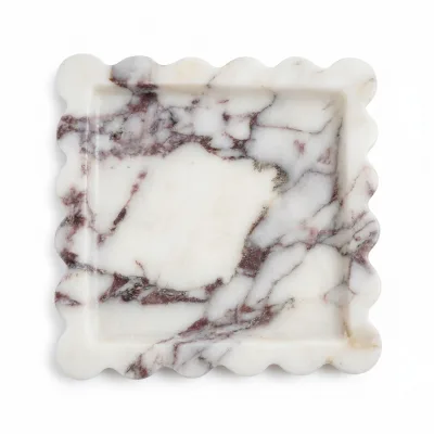 Natural Turkey Viola Calacatta Marble Squared Jewelry Catchall Tray and Display Tray With Scalloped Edges