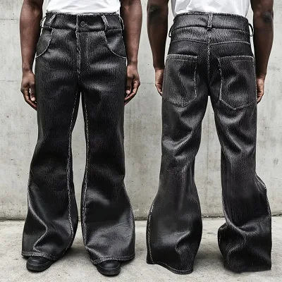 Manufacturers Custom Streetwear Oversized Casual Stacked Motorcycle Flared Faux Pu Baggy Leather Trousers Pant for Men