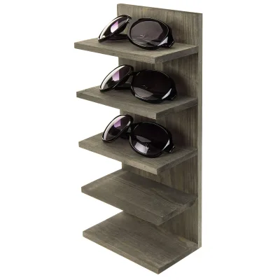 Vintage Gray Solid Wood 5-Tier Sunglasses Holder Wall Mounted Eyewear Rack Tabletop Display Stand Retail Showcase Storage