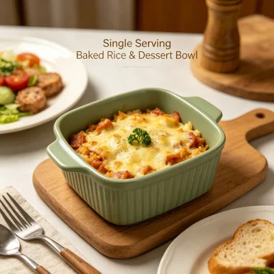 Wholesale Light Green Vertical Striped Square Ceramic Ramekin With Double Side Handles for Baking Dessert and Hotel Catering Use