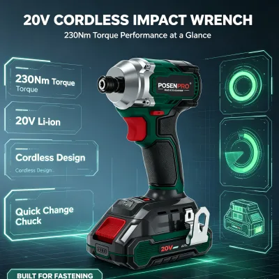 20V Brush Battery-Powered Electric Torque Wrench 230N.m with 1/4" Chuck and 0-1700/0-2400/0-3200 Rpm Impact Frequency