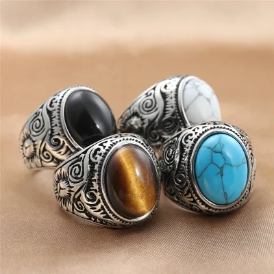 Stainless Steel Rings Turquoise Style 316L Tiger Eye Stone Natural Turquoise Gemstone Gold Silver Men's Ring Jewelry Gift