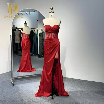 2024 New Satin Beaded Sheer Chiffon Evening Dress Pleated Party Style Floor-Length Graduation and Bridesmaid Dress