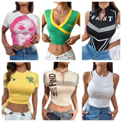 Stock Women's Clothing Printed Slim-fit T-shirts Low-priced Bulk Casual Tops Wholesale