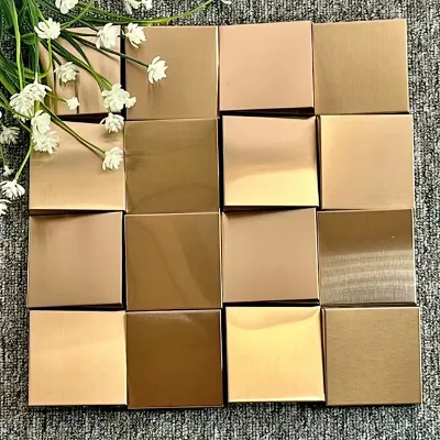 Waterproof Gold 3D Textured Square Stainless Steel Mosaic for Bar Counter Bathroom Wall