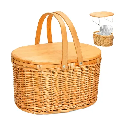 Beach Wooden Basket Handle Folding Woven Wicker Customized Rattan Picnic Basket Set Wooden Lid Cover with Cooler Bag