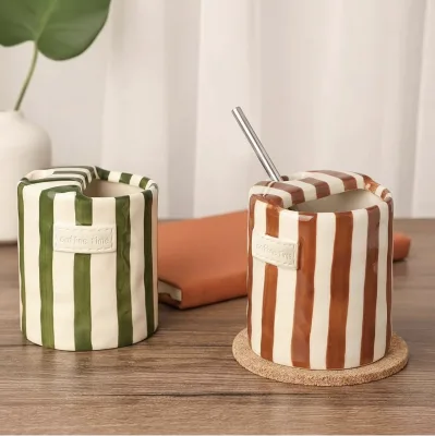 Retro European Striped Ceramic Mug With Metal Straw Attractive Household Creative Coffee Water Drinking Cup