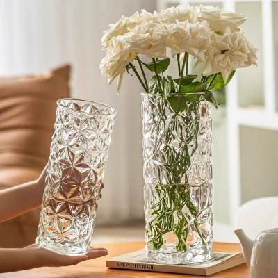 Wholesale Transparent Thick Glacier Patterned Glass Vases Flower Vases Dining Table Ornaments