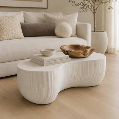 Organic Irregular Bean Shape Coffee Table Fluted Textured Travertine Finish Wabi Sabi Living Room Center Table