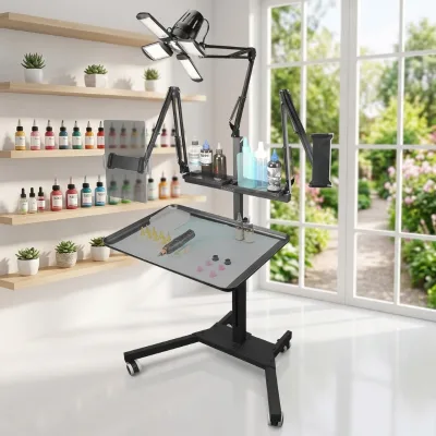 Double Phone Holder Tattoo Work Station Trolley Portable Tattoo Table Foldable Tattoo Desk Mobile Tattoo Work Car with LED Light