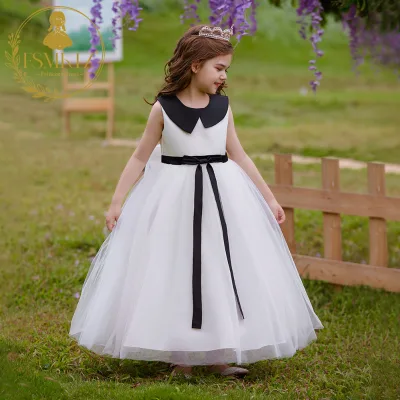 FSMKTZ Stylish Black and White Teen Party Dress with Irregular Neckline and Sleeveless Design for Kids