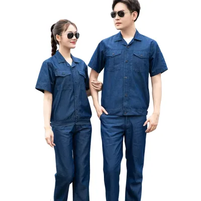 Short Sleeve Denim Working Suit Breathable Wear-resistant Clothes Summer Coveralls Worker Uniform Jeans Jacket Pants