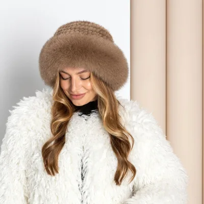 Factory Wholesale Hand Knitted Mink Fur Hat Fox Fur Trimmed Luxury Winter Hats for Women