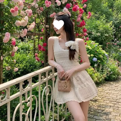 Women Scoop Neck Sleeveless Hollow Knit Mini Dress Ruffled Flare Hem Casual Summer a Line Short