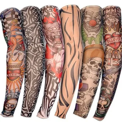 Men's Cooling Arm Sleeves Long Fingerless Arm Cover Anti Slip UV Protection Sun Temporary Tattoo Sleeves