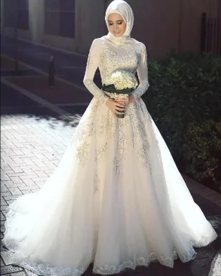 Cheap Turkey Istanbul Muslim High Neck Wedding Dress With Hijab