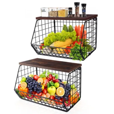 Stackable Style Wall Mounted Hanging Fruit Baskets Kitchen Countertop Wood Fruit Basket With Wire Baskets Vegetable Storage