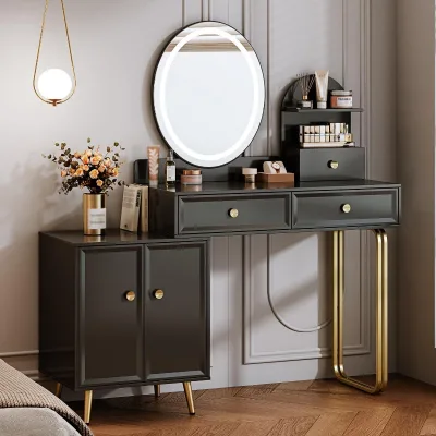 Retractable Makeup Black Dresser With LDE Mirror Two Drawers With Cabinet 3-stage Silent Drawer Sliding Rail Bedroom