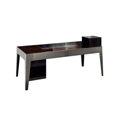 Luxury Modern Executive Desk with Wrapped Metal Frame and Dark Wood/Grain Finish, High-End Home Office Table with Side Storage