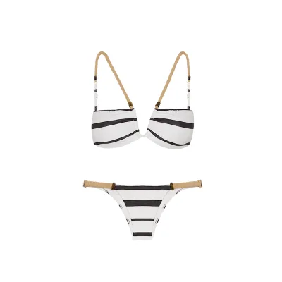 Striped Two Piece Bikini Set With Contrast Binding And Elastic Waistband For Women