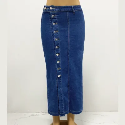High Waist Women's Casual Regular Fit Half-Length Denim Skirt Vintage Button Irregular Split Design Washed Summer/Winter A-Line