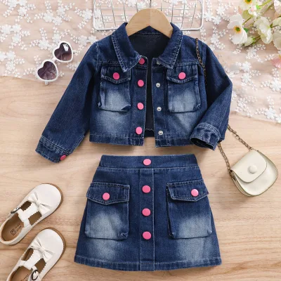 Cross-border Girls Denim Suit Cardigan Single-breasted Long-sleeved Jacket square Pocket Work Bag Short Skirt 2 Sets