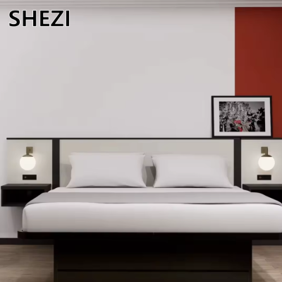 Shezi One-stop Hospitality Furniture Solution RAMADA INN WORLDWIDE RUBY Hotel Bedroom Oak Wood Furniture 3 Star Postmodern Bed