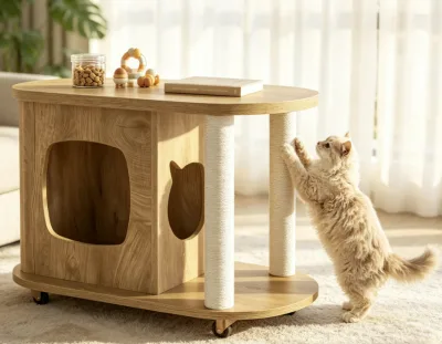 Modern Wooden  Cat Furniture Multifunctional Cat House Wooden Cat Bed Rolling Cat House End Table Cat Bed Nightstand on Wheels