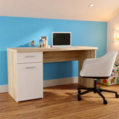 140cm Wide Oak White 1 Door 1 Locking Drawer Plastic Handles for Home Office Bedroom Use Computer Desk With Drawers