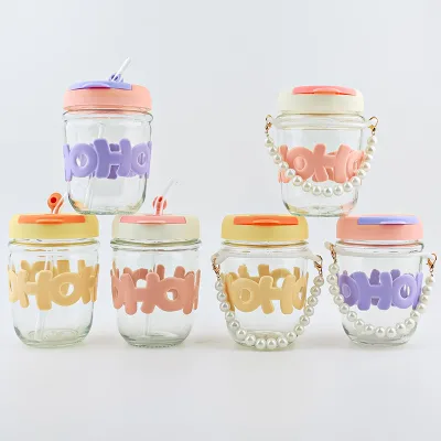 Cute Ins Girls 350ml Portable clear Drinking Cup Heat-resistant Travel Glass Juice Water Bottle With Straw/chain