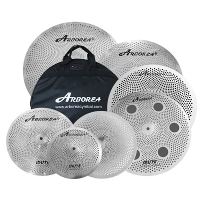 Silver Low Volume Cymbal Set, 10" Splash, 14" Hi Hat, 16" Crash, 20" Ride, 16" O Zone, 18" China, Quiet Practice Cymbals