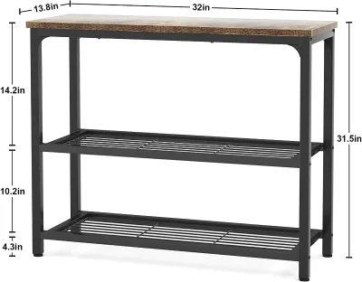 Multifunctional Bedside Table Nightstand Wooden Top Black Metal Frame Base Console Table Desk with Display Shelf Shelves IRON