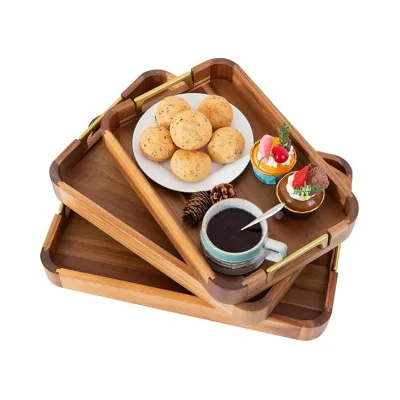 Solid Custom-made Acacia Nested Decorative Trays Wood Serving Trays with Handles