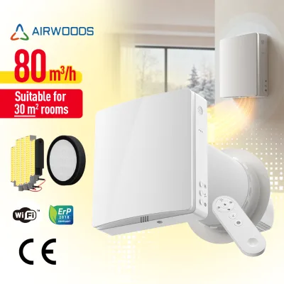 Recuperator Heat Recovery Ventilation System 25C Rise PTC Electric Heating Energy Saving F7 Filtration Wall-Mounted for School