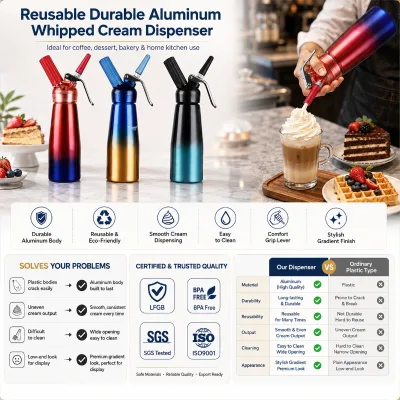 Customized Logo Durable Aluminum Whipped Cream Dispenser Reusable Cream Whipper Kitchen Tool