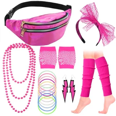 Cotton 80s Costume Accessories for Women Neon Accessories Set with Leg Warmers Lace Gloves Jewelry Halloween Party Dress up