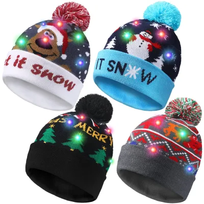 Best Selling Christmas Santa Knitted Hat LED Light-up Knitted Beanie Hat With Leds