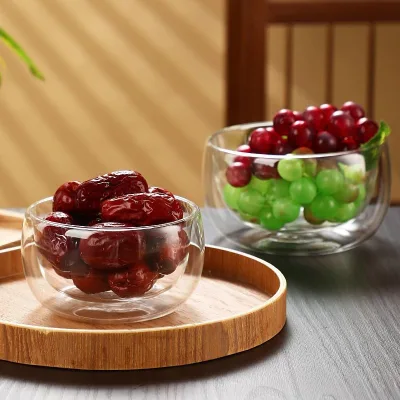 Simple Double Layer Glass Bowl High Borosilicate Heat Resistant Tableware Ice Cream Egg Shaped Bowl Transparent Fruit Bowl